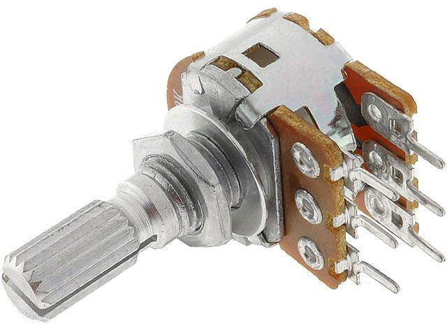 Potenciometr stereo 10kΩ logaritmický s drážkovanou hřídelí 6 x 9mm