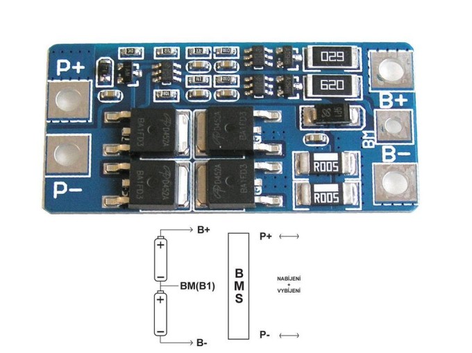 BMS Nabíjecí automatika s balancerem pro 2 Li-ion články, 20A