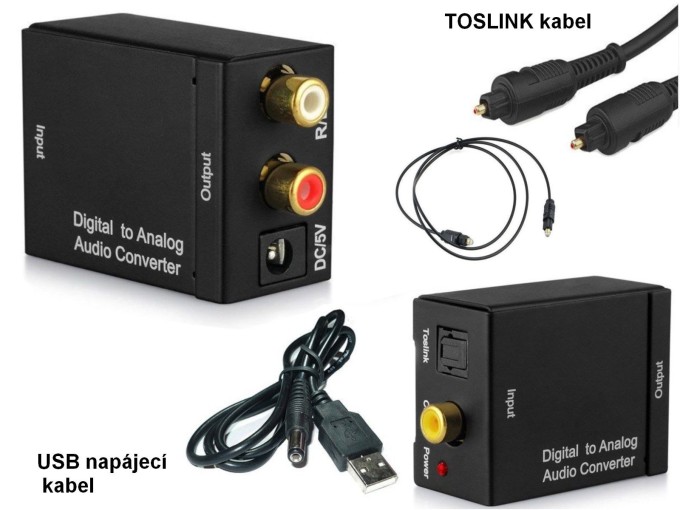 Digitální audio převodník Toslink / SPDIF na 2x RCA