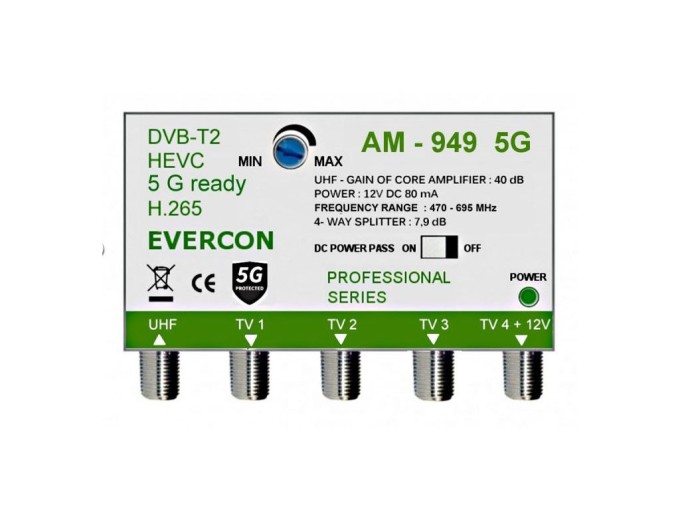 Anténní zesilovač DVB-T2 AM-949 5G, 40dB, 4x výstup