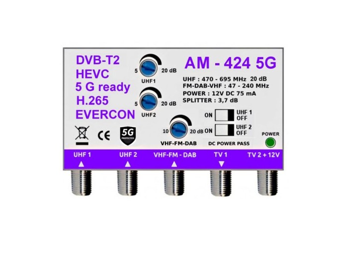 Anténní zesilovač DVB-T2 AM-424 5G s 20dB zesílením a 2x výstupem
