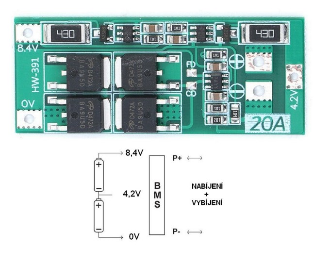 BMS Nabíjecí automatika s balancerem pro 2 Li-ion články, 20A