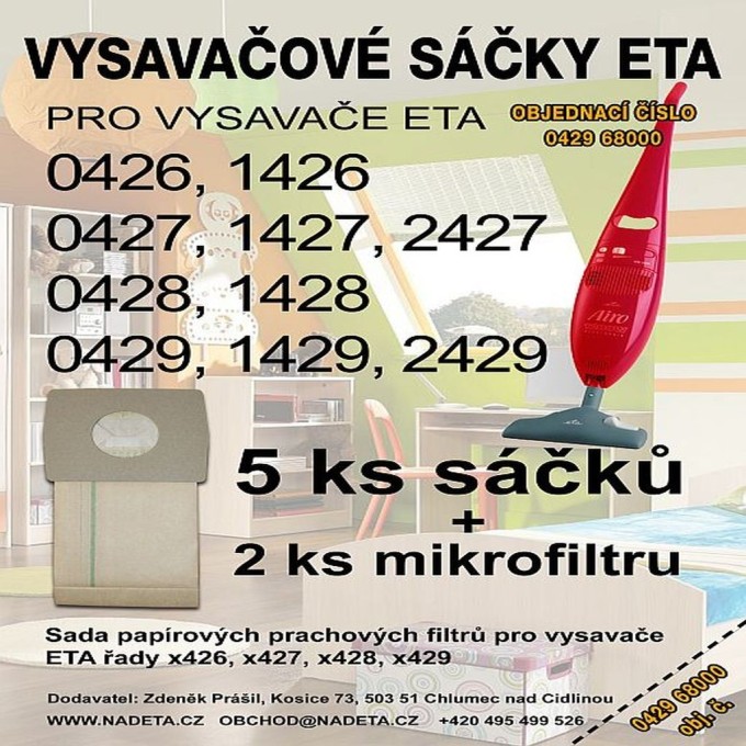 Papírové sáčky do vysavače Eta 0429 a kompatibilní modely, sada 5 ks + 2 mikrofiltry