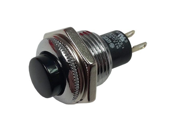 Tlačítko 250V/1A s rozpínacím kontaktem ON-(OFF), černé, montážní otvor 12,7mm