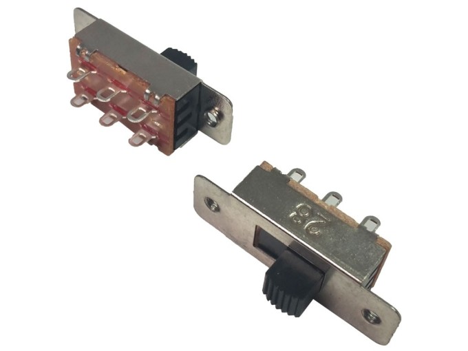 Posuvný přepínač DPDT s pájecími očky, 35x12,6 mm