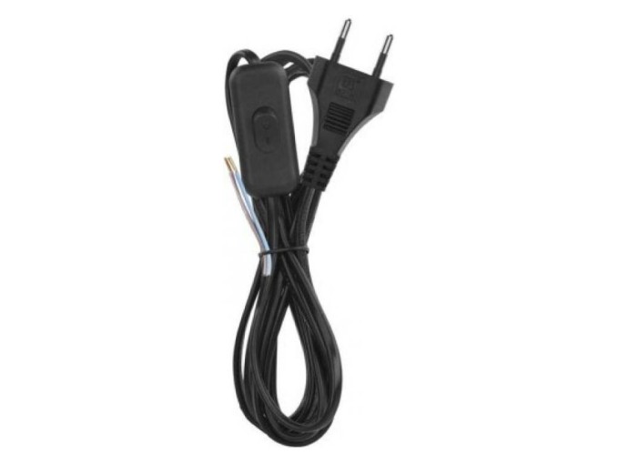 Síťový kabel s vypínačem 2x 0.75mm2, černá plochá dvojlinka 2m