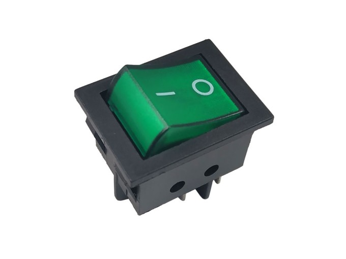 Kolébkový dvoupólový vypínač 250V / 15A WSM 9105L zelený ON-OFF FASTON 6,3