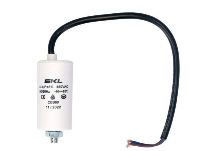 Rozběhový kondenzátor 6.3 uF 450V CBB60 SKL, 25cm kabel