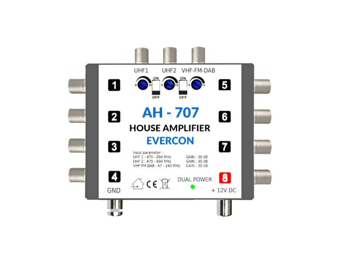 Anténní zesilovač DVB-T2 AH-707 Evercon 5G, 30dB, UHF, DAB/FM, 8x výstup
