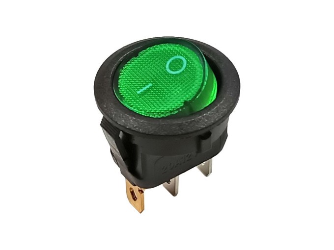 Kulatý kolébkový vypínač 1 pólový 12V DC / 16A prosvětlený zelený