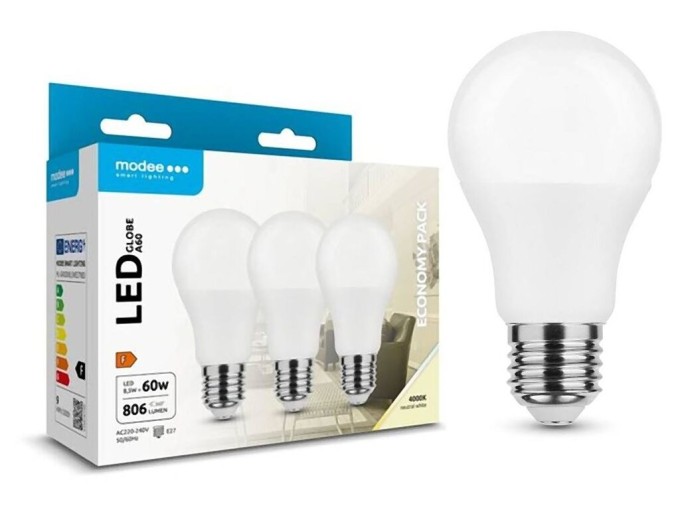 Žárovka LED E27 8.5W A60 bílá studená Modee, sada 3ks