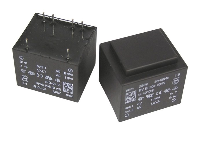 transformátor síťový do plošného spoje  230 / 2x6V - 2,6VA BVEI3042045