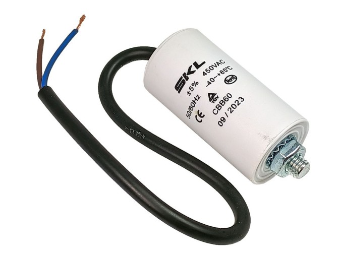 Rozběhový kondenzátor 10 µF 450V CBB60 SKL s kabelem 25 cm
